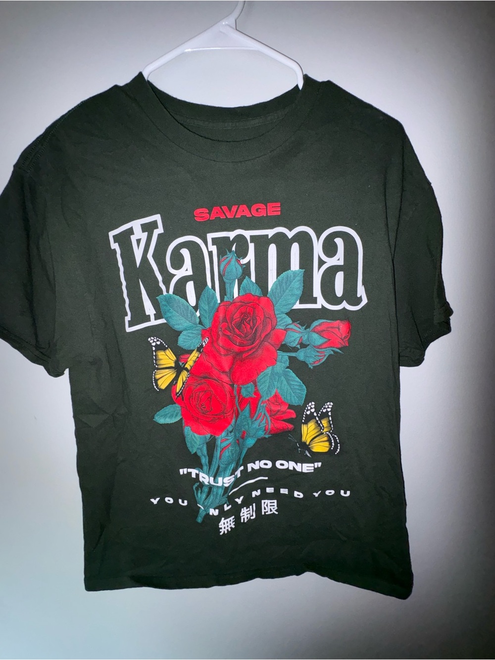 Savage Karma Black Short-Sleeve Graphic Tee with Red Roses